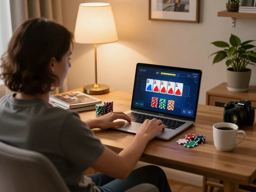 Player strategizing in an online poker game at home on nk88 platform, focused on cards and betting.
