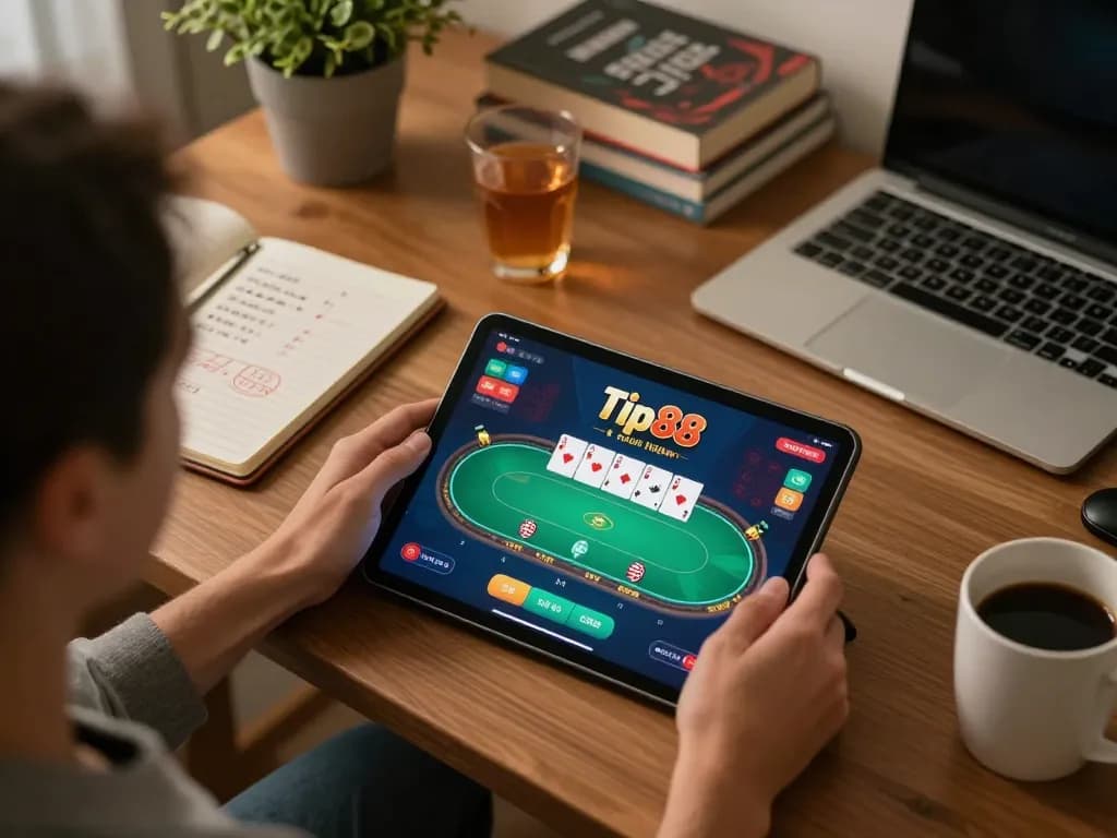 Player enjoying tip88 online casino game on tablet, showcasing strategic gameplay in a cozy home setting.
