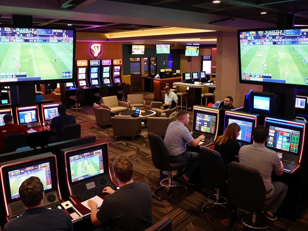 F168 sports betting scene showing excited bettors analyzing odds and watching live games