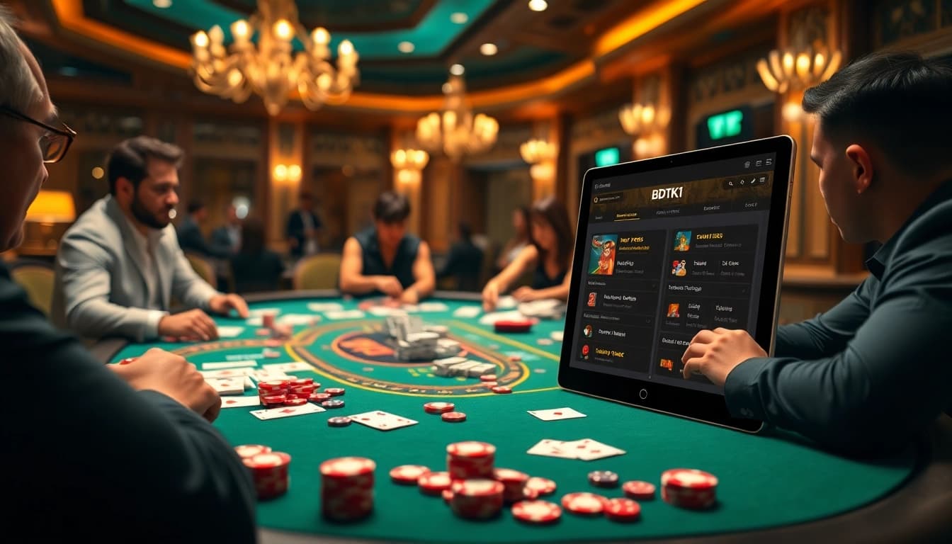 Engaging casino scene showcasing BDTK1 with poker chips and cards on a luxury table.