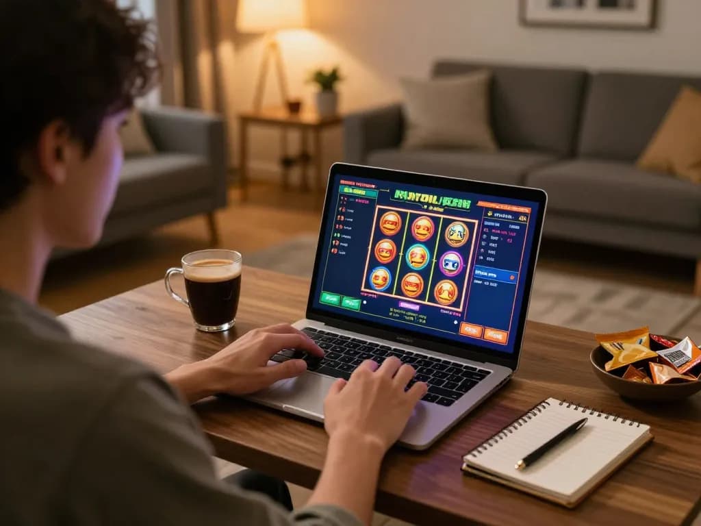 Engaging in gi88 online casino gameplay on a laptop at a stylish home setup, showcasing excitement and strategy.