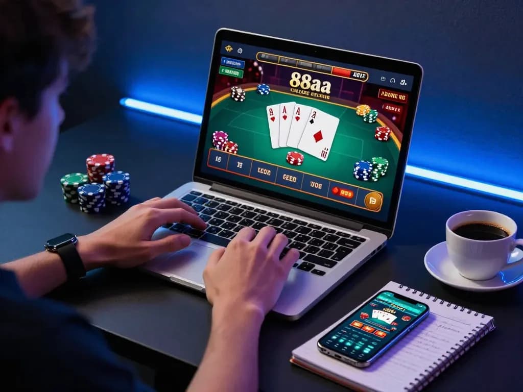 Player enjoying strategic gambling at 88aa online casino on laptop in a cozy setup