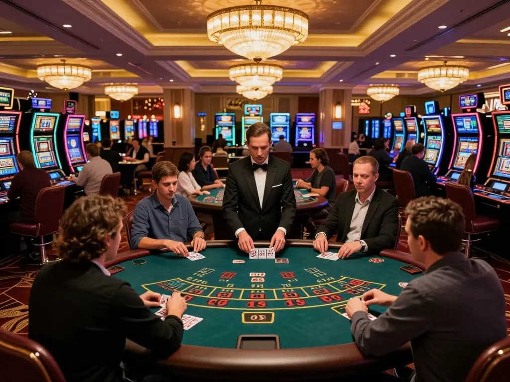 ku88 players strategically betting at an upscale baccarat table in a vibrant casino scene