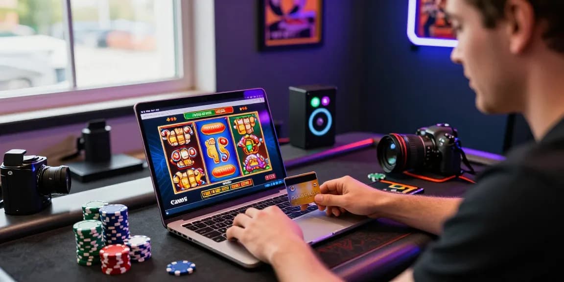 Exciting player experience at credit card casinos UK with laptop gaming setup and vibrant atmosphere.