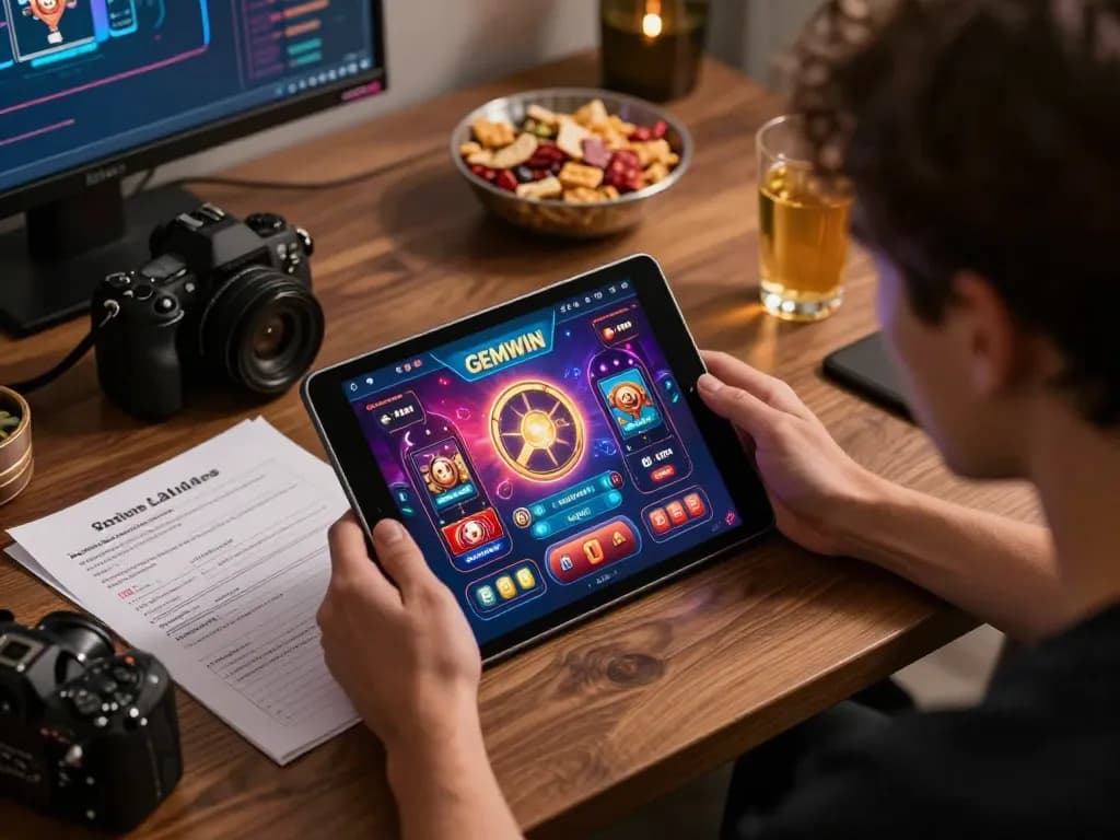 Engaging gaming session on GEMWIN app with cozy home setup and strategic elements.