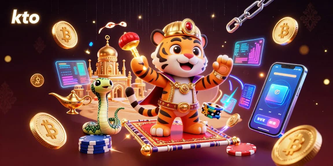 Engage in strategic gambling with kto's vibrant 3D casino scene featuring iconic characters and crypto elements.