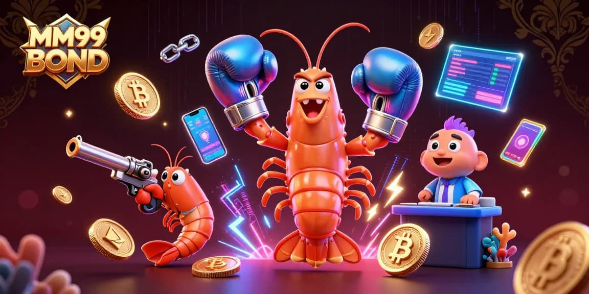 Experience thrilling gameplay with MM99 BOND in a vibrant 3D casino scene featuring lively characters and crypto elements.