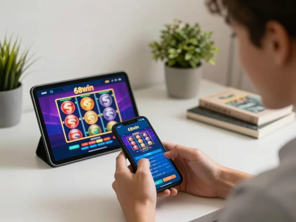 Excited player enjoying 68win casino app on smartphone, watching colorful slot game interface