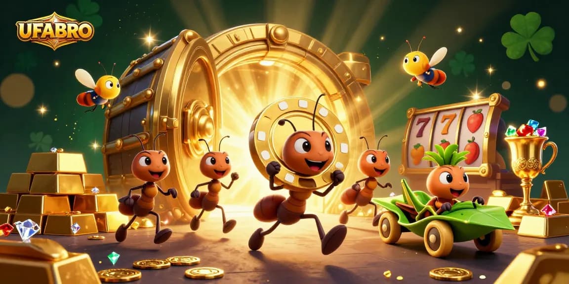 Place your bets with UFABRO's vibrant heist scene of cartoon ants, symbolizing the thrill of online gaming.