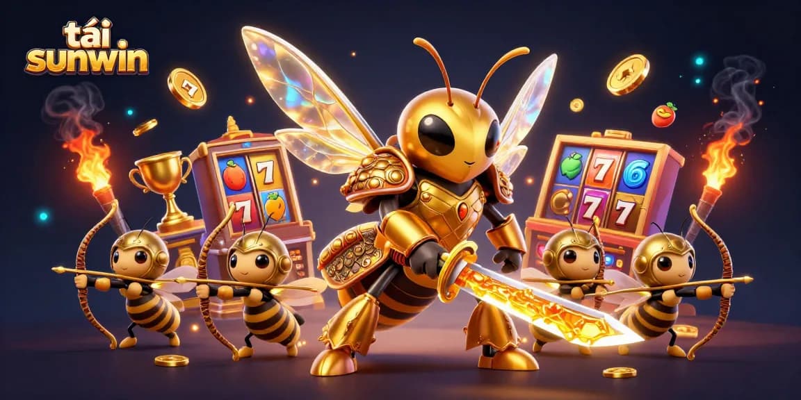 Experience exciting gameplay with tải sunwin in this vibrant 3D casino scene featuring dynamic slots and golden elements.