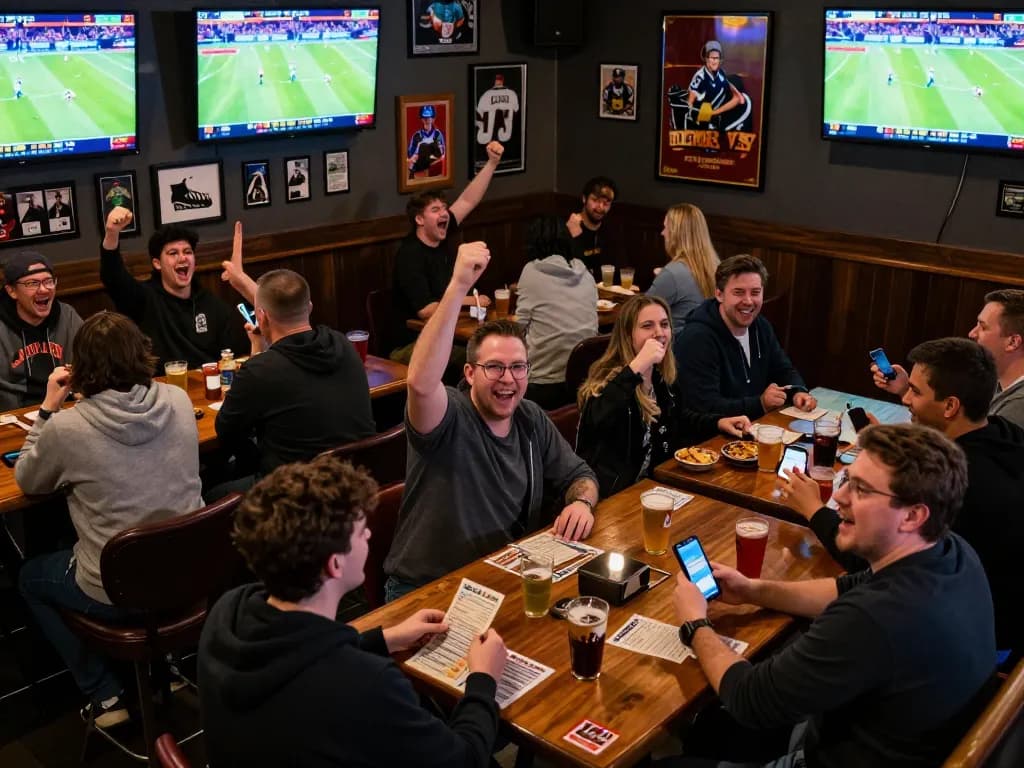 FABET gamblers engaging in active sports betting at a lively bar with multiple screens