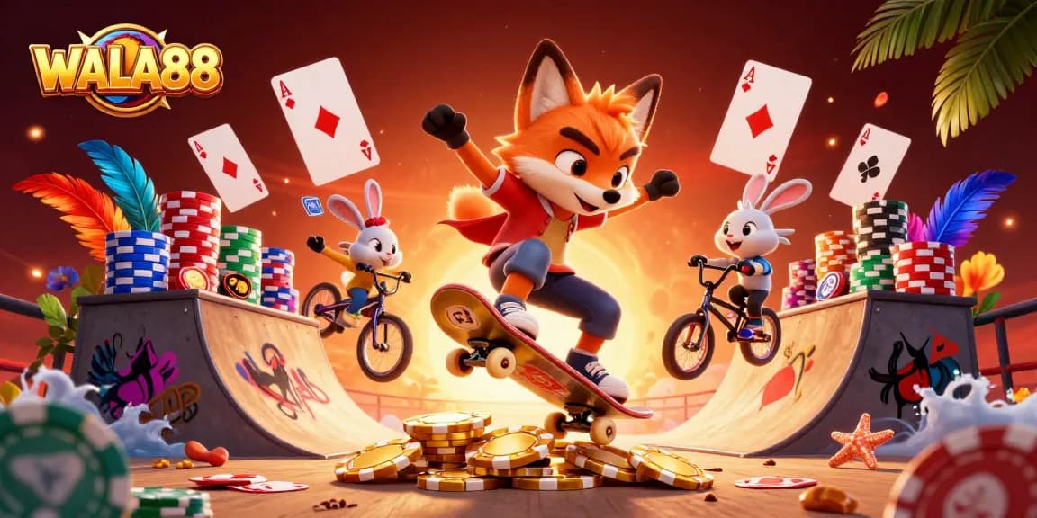 Experience WALA88 with dynamic cockfighting action and vibrant casino elements in a thrilling scene.