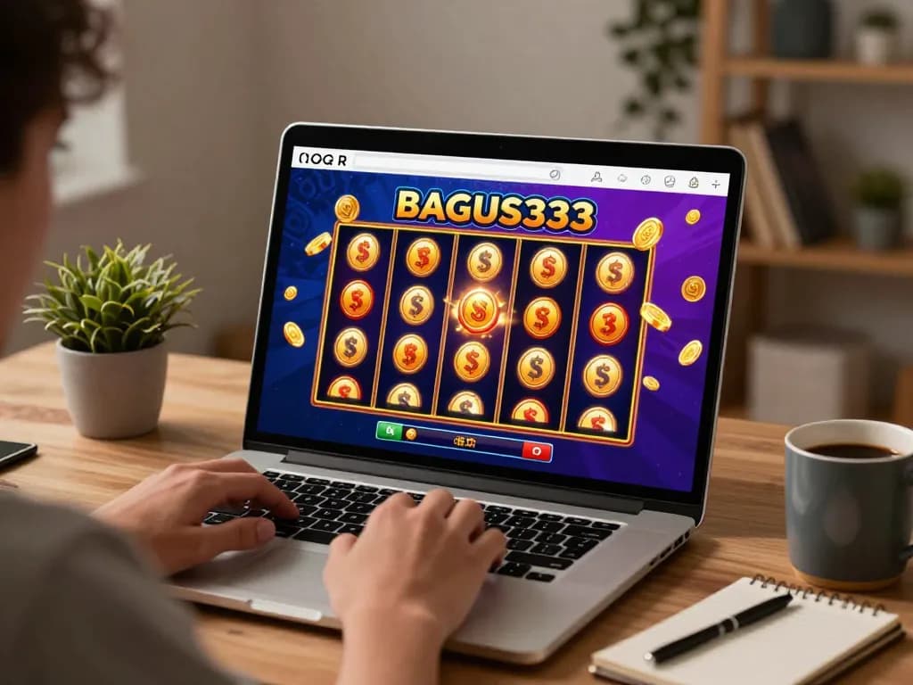 Terlibat dalam permainan slot online BAGUS333 di rumah, menampilkan permainan yang menarik di laptop dengan animasi yang cerah.