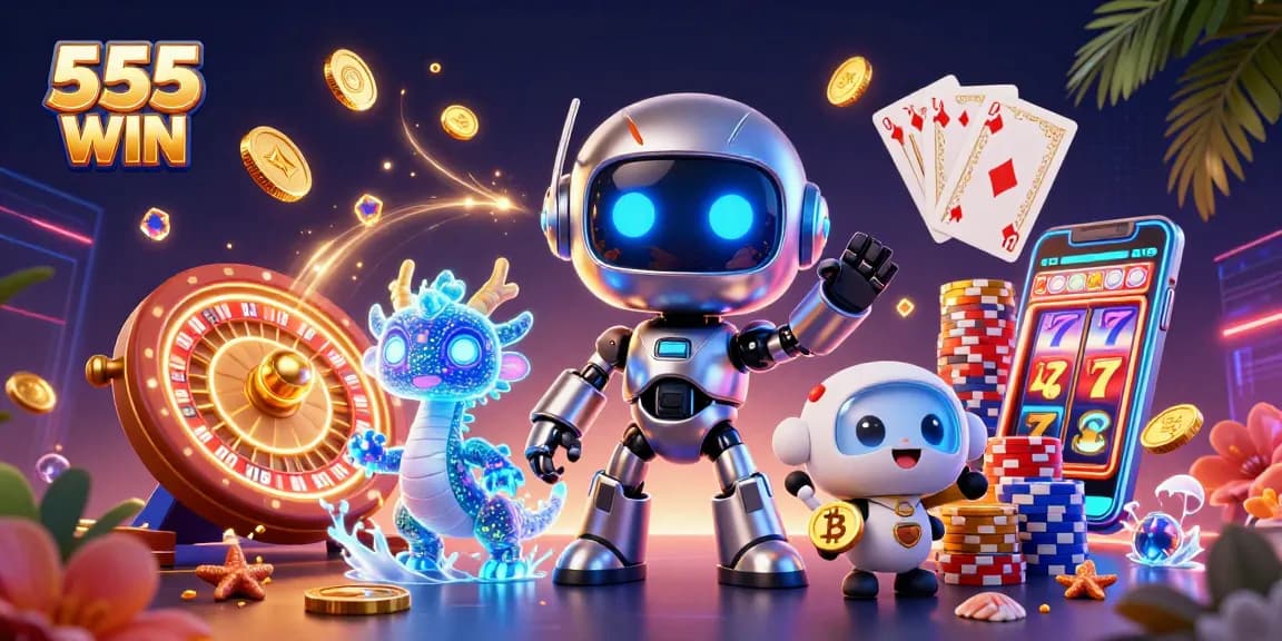 Celebrate 555 WIN with thrilling casino visuals featuring a cyberpunk robot and gaming elements.