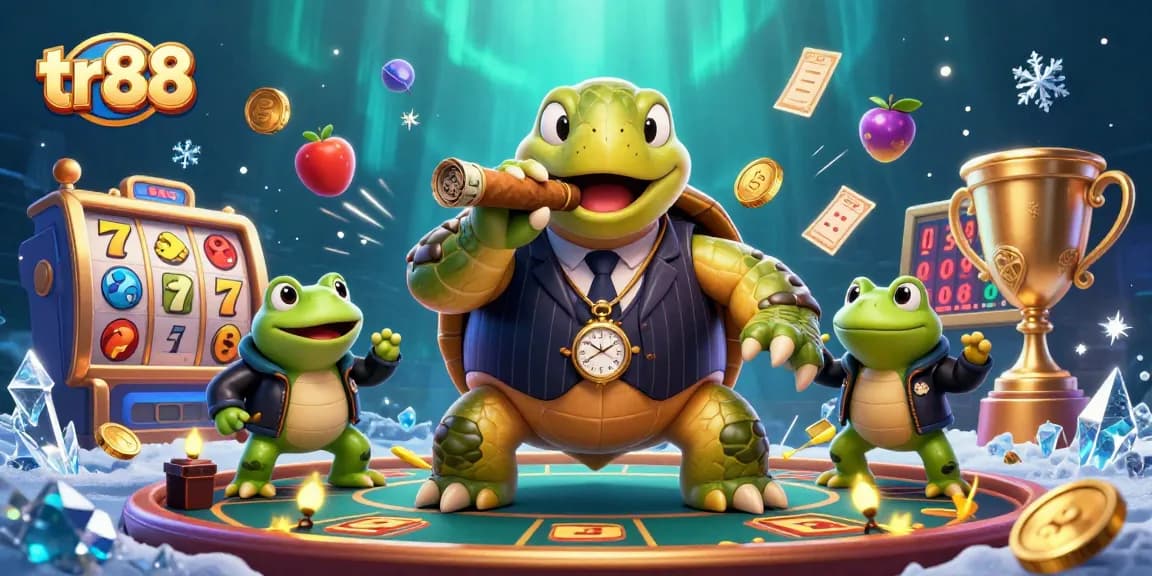 Win big with tr88 - fun-filled slots scene featuring a blingy turtle and bullfrog enforcers!