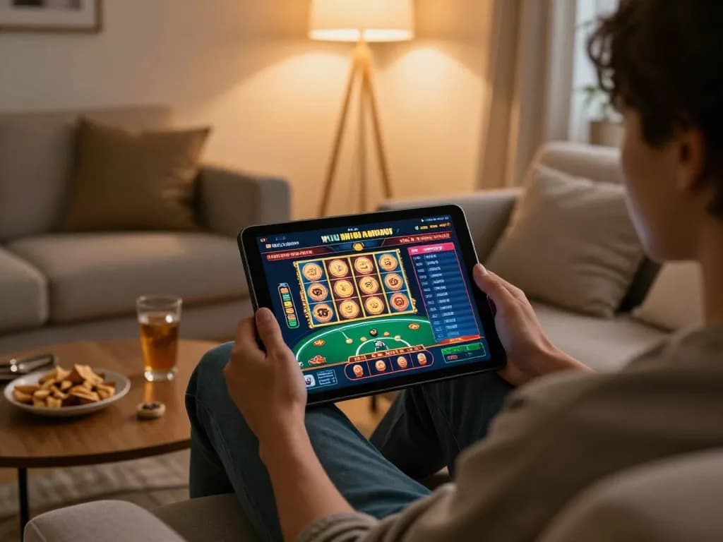 Engaging in online gaming with a no deposit bonus offer visible on the tablet screen in a cozy home setting.