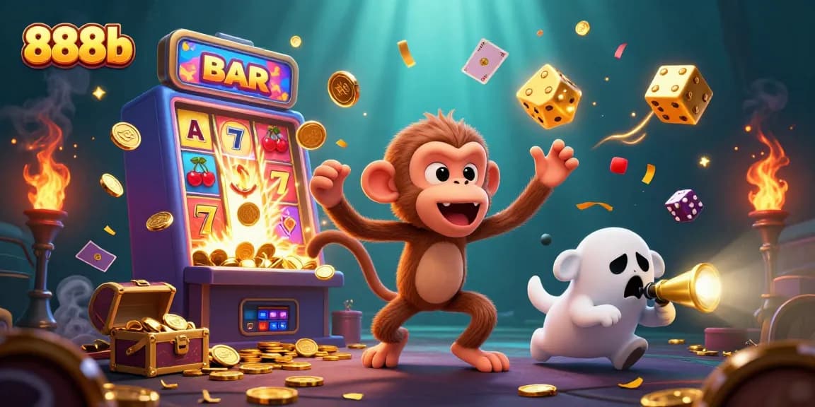 Engage with 888b in this thrilling 3D casino scene where a ghost-hunter puppy tracks a playful poltergeist monkey juggling golden treasures.
