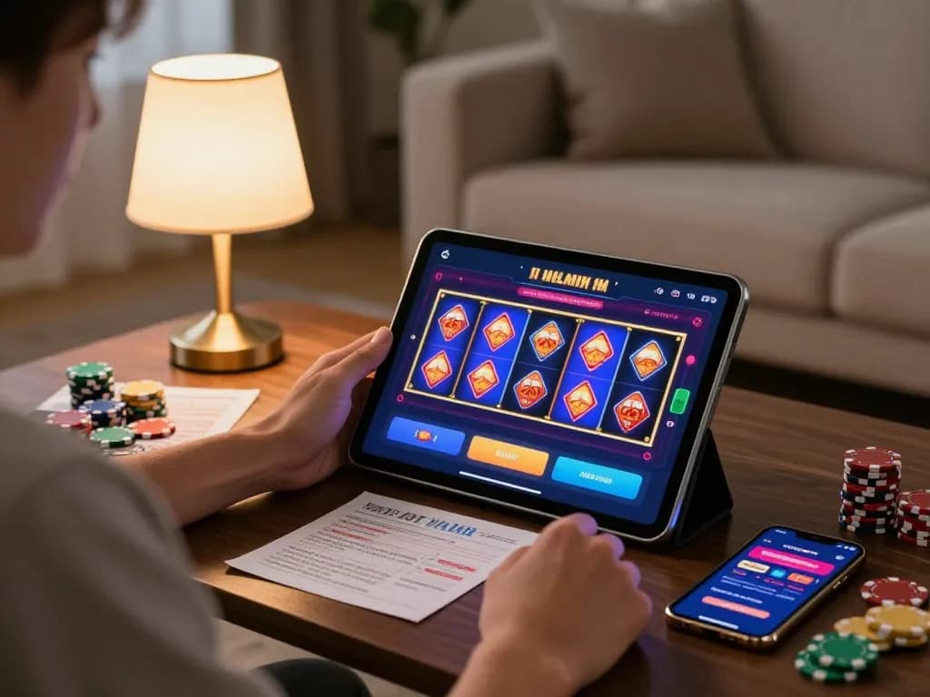 Experience thrilling online gameplay at mm88 com with an engaging tablet interface in a cozy living room.