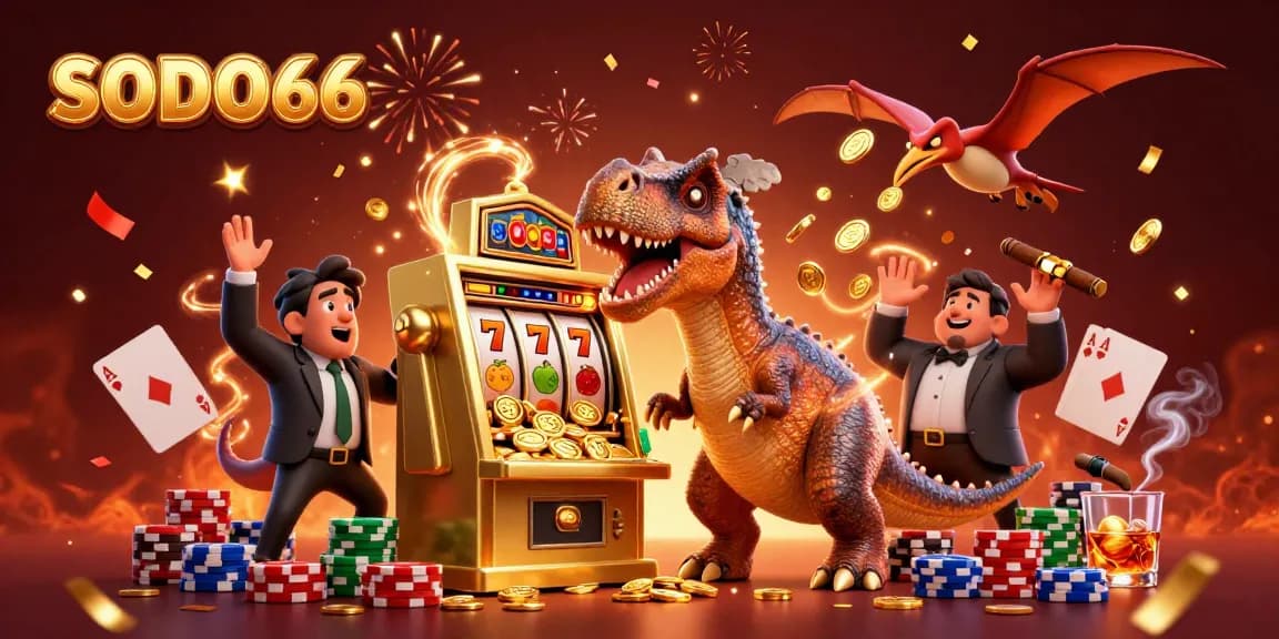 SODO66 casino scene featuring a dinosaur winning jackpots, vibrant 3D illustration rich in detail
