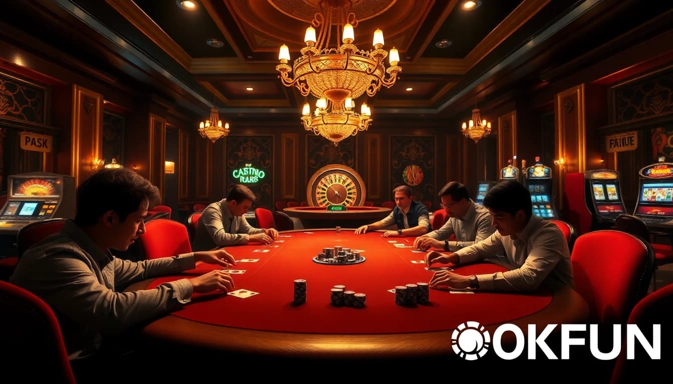 OKFUN brings the excitement of casino life with a luxurious poker table scene filled with intense players and iconic gaming elements.
