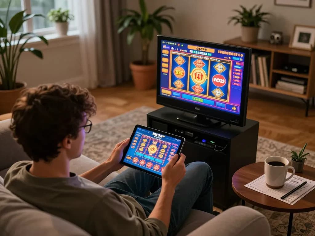 Player enjoying BK33 online gaming on tablet at home, showcasing colorful slot machines interface.