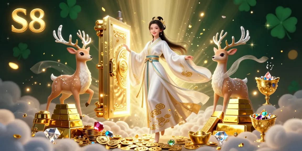 S8 captivates gamblers with a 3D woman in elegant hanfu and treasures amidst a vibrant casino scene.