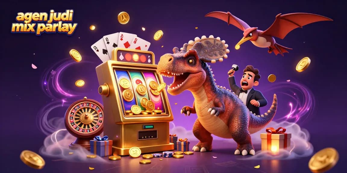 Experience the thrill of agen judi mix parlay as a dinosaur bumps a slot machine for coins.