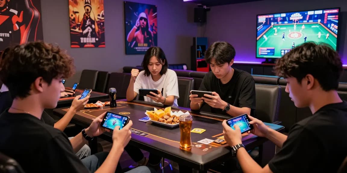 Teen Patti Boss players celebrating wins and strategizing in a vibrant gaming lounge, showcasing Full details of the app features.