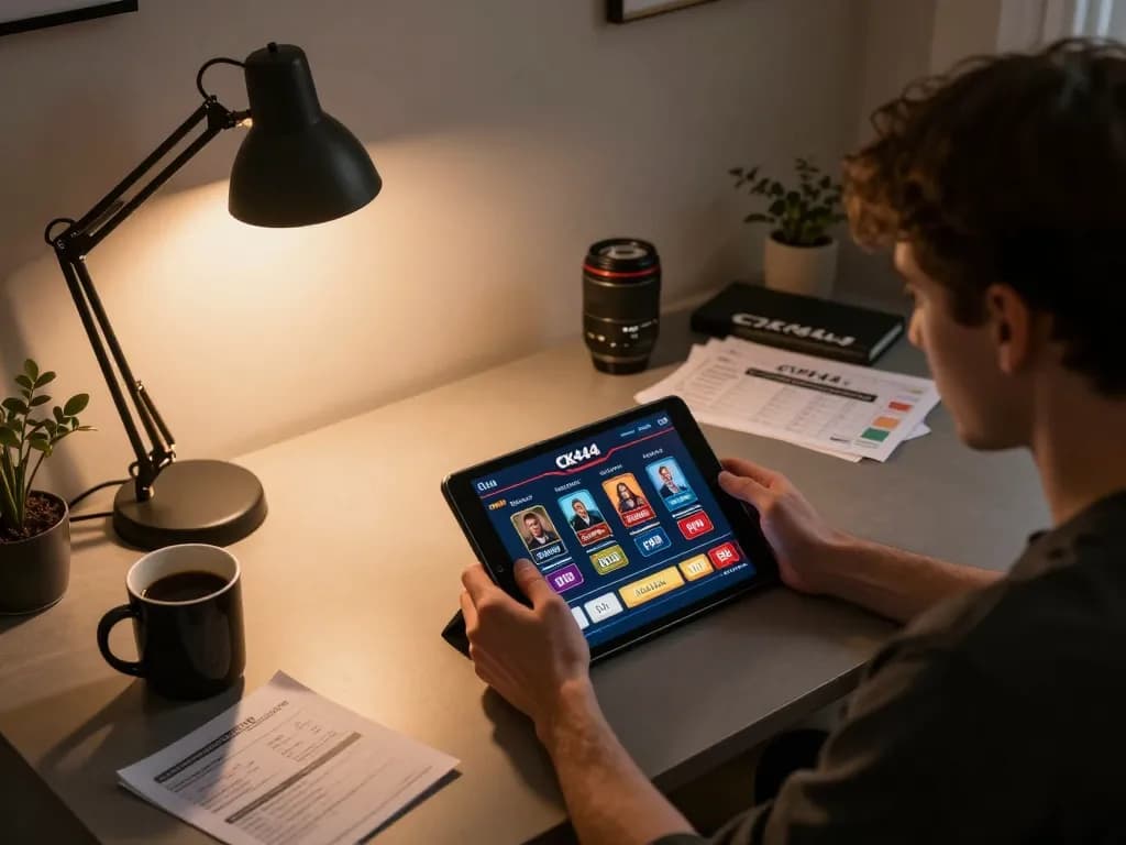 Engaged player using CK444 app on tablet for exciting online gaming experience.