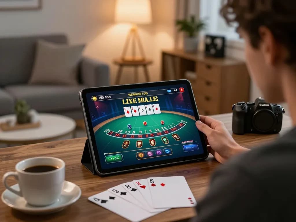 Engaged player using XX88 on tablet for live dealer games in a cozy home setting.