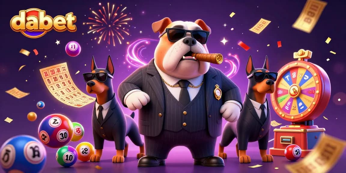 Dabet casino features a mafia boss bulldog surrounded by exciting lottery game elements in a vibrant scene.