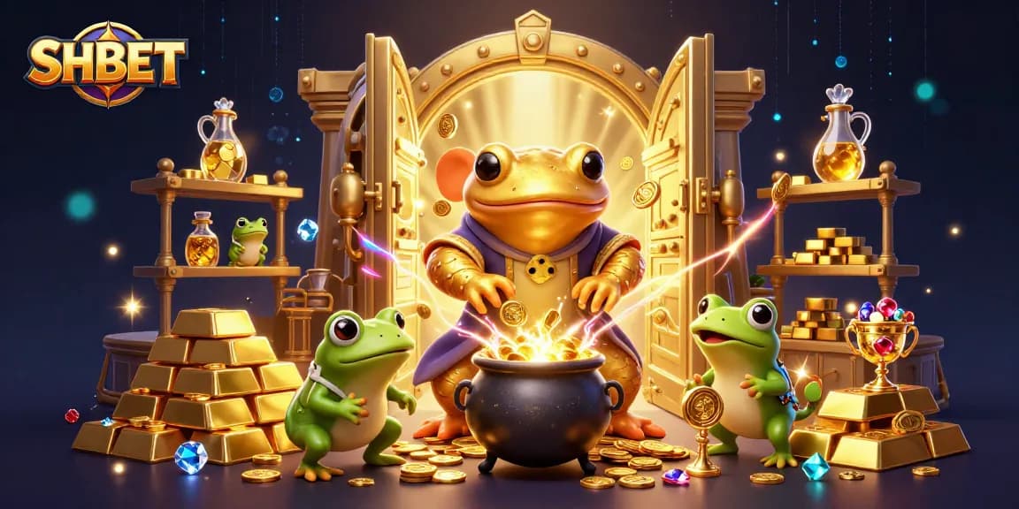 Experience thrilling wins at SHBET with a dynamic illustration of a golden alchemist and magical treasures.