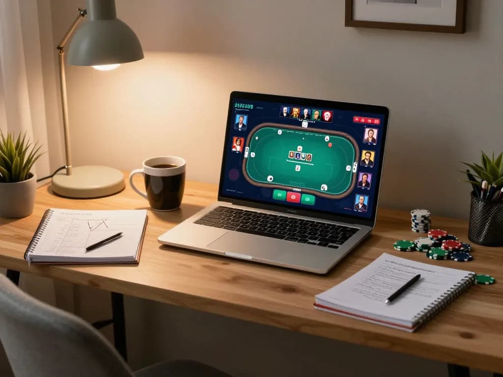 Engaging poker gameplay on http://tg777.ac/ displayed on a laptop, with a cozy home environment, enhancing the online gambling experience.
