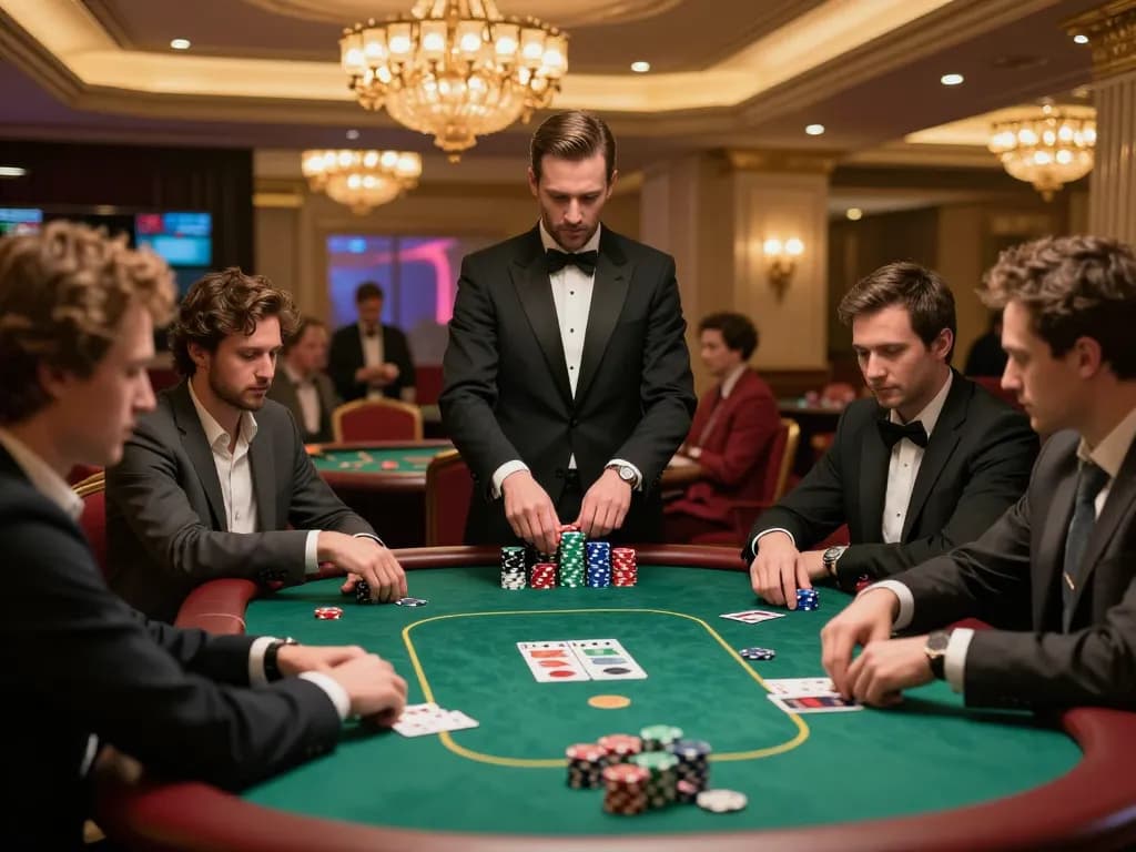 F8BET casino players intensely strategizing during a high-stakes poker game.