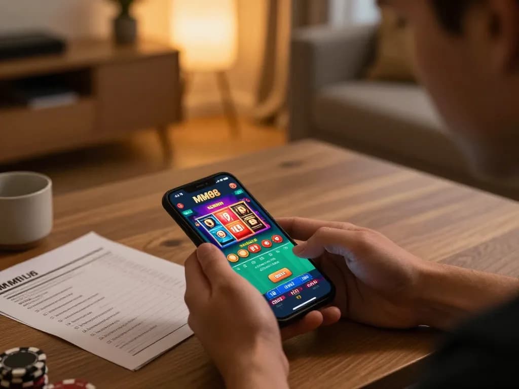Engaging in strategic gameplay on MM88 mobile app in a cozy home environment.