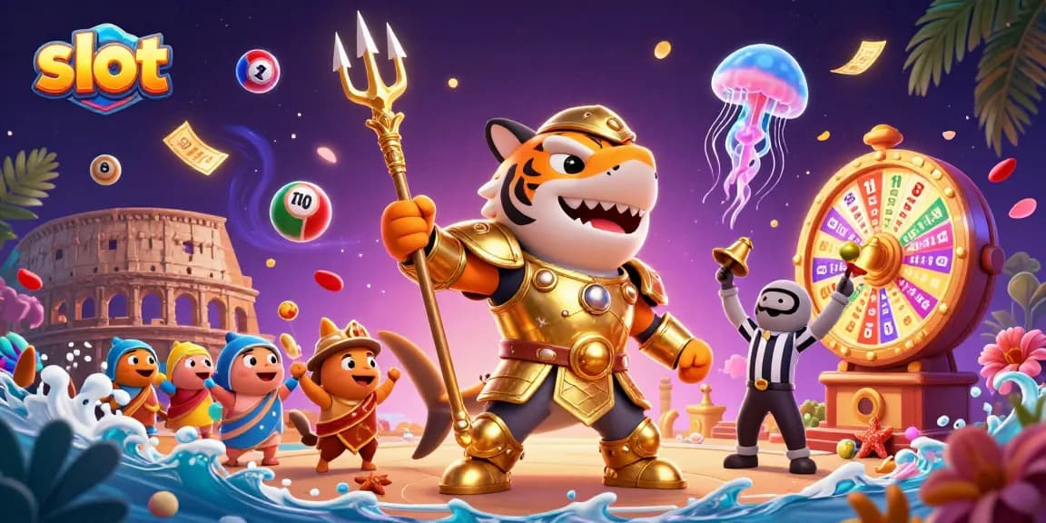 Permainan slot dengan ikan kecil bersorak dan karakter hiu bertopeng dalam arena, memancarkan keseruan.