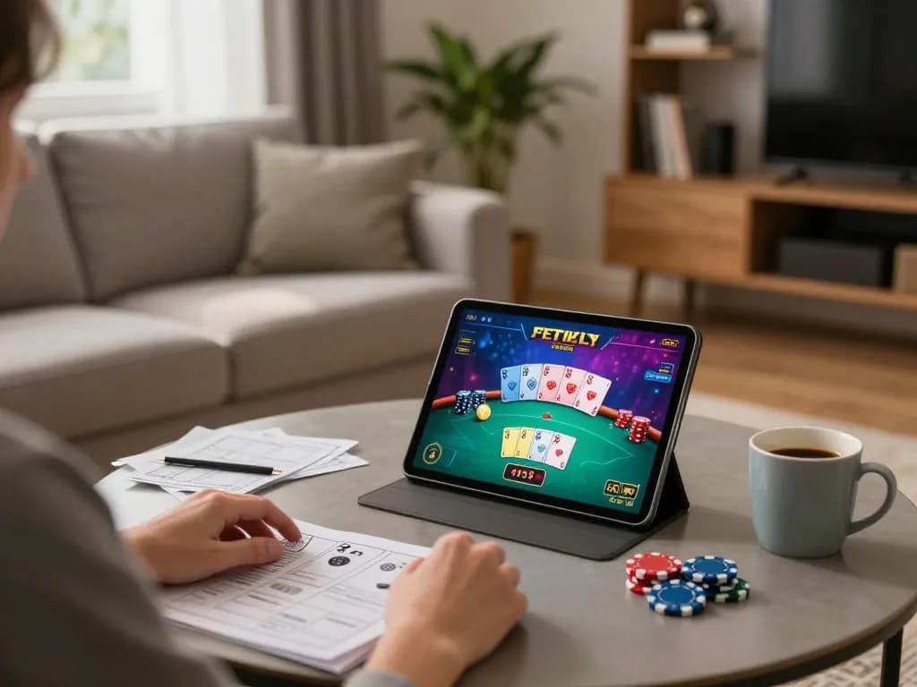 Play poker on PLANET88 with an engaging gaming setup in a cozy living room atmosphere