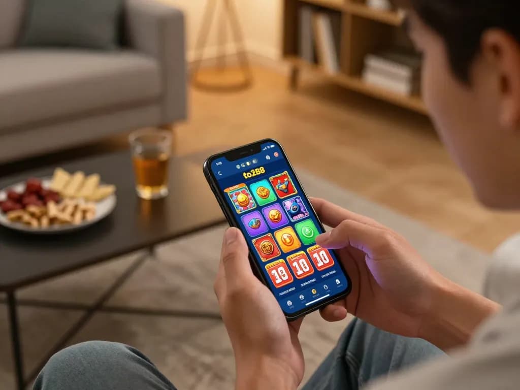 Player engaging with the to288 mobile app, showcasing slots and lottery games on a modern living room setup.