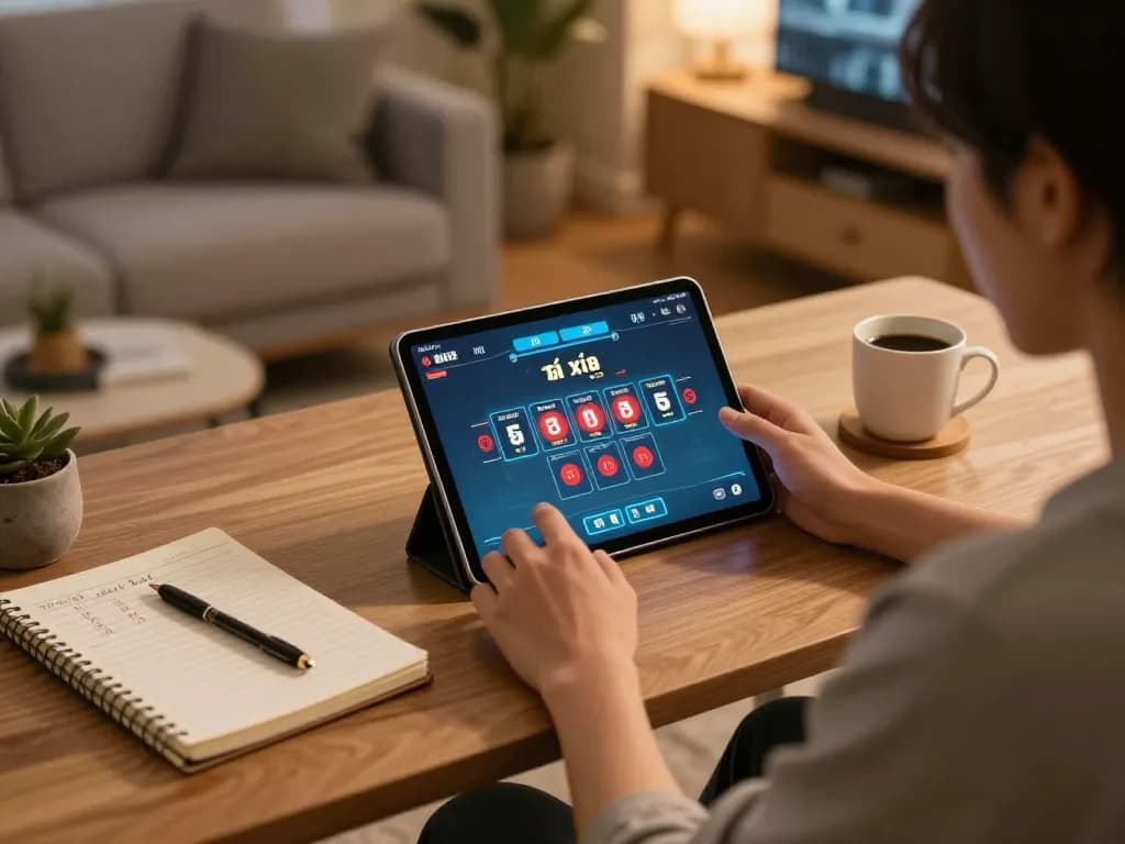 Player engaging in tài xỉu online gaming on a tablet at home, showcasing strategic betting environment.