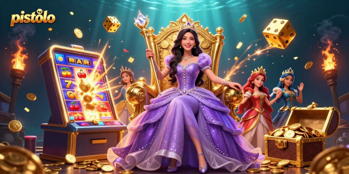 Pistolo casino illustration featuring an elegant Asian woman in a royal gown amid a jackpot explosion of coins and game symbols.