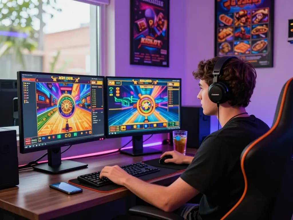 Engaged player enjoying kdslot games on KDSLOTS platform in a vibrant gaming setup.
