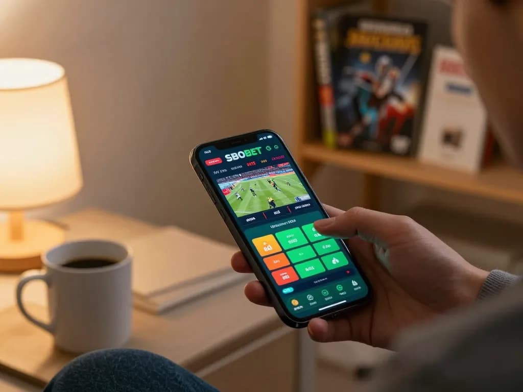 Aplikasi mobile SBOBET menampilkan taruhan langsung dengan pengguna terlibat dalam aktivitas perjudian yang bertanggung jawab.