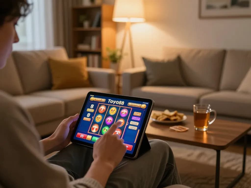 Terlibat dengan aplikasi kasino online tokyo88 di tablet dalam suasana ruang tamu yang nyaman.