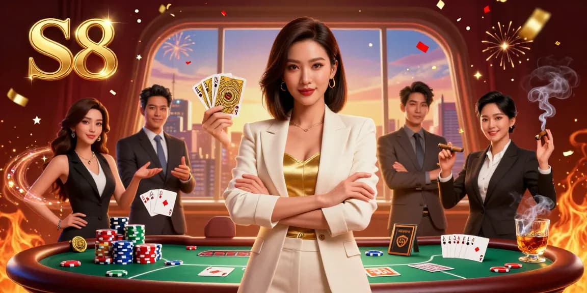 S8 encourages professional gameplay with vibrant poker elements and a powerful business-woman at its center.