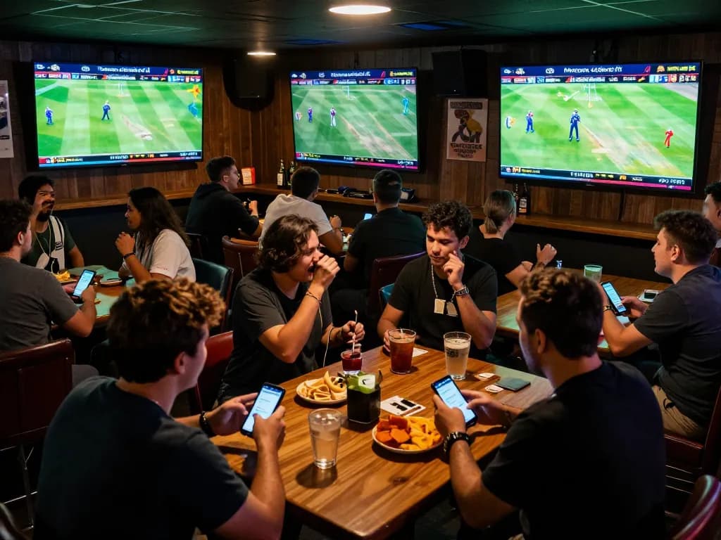 Fans engaged in live betting on cricket matches at https://crickex.fit/ using smartphones in a vibrant sports bar.