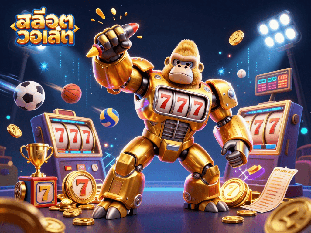 Experience the excitement of สล็อตวอเลท with a vivid scene of a golden gorilla mech amidst dynamic casino elements.