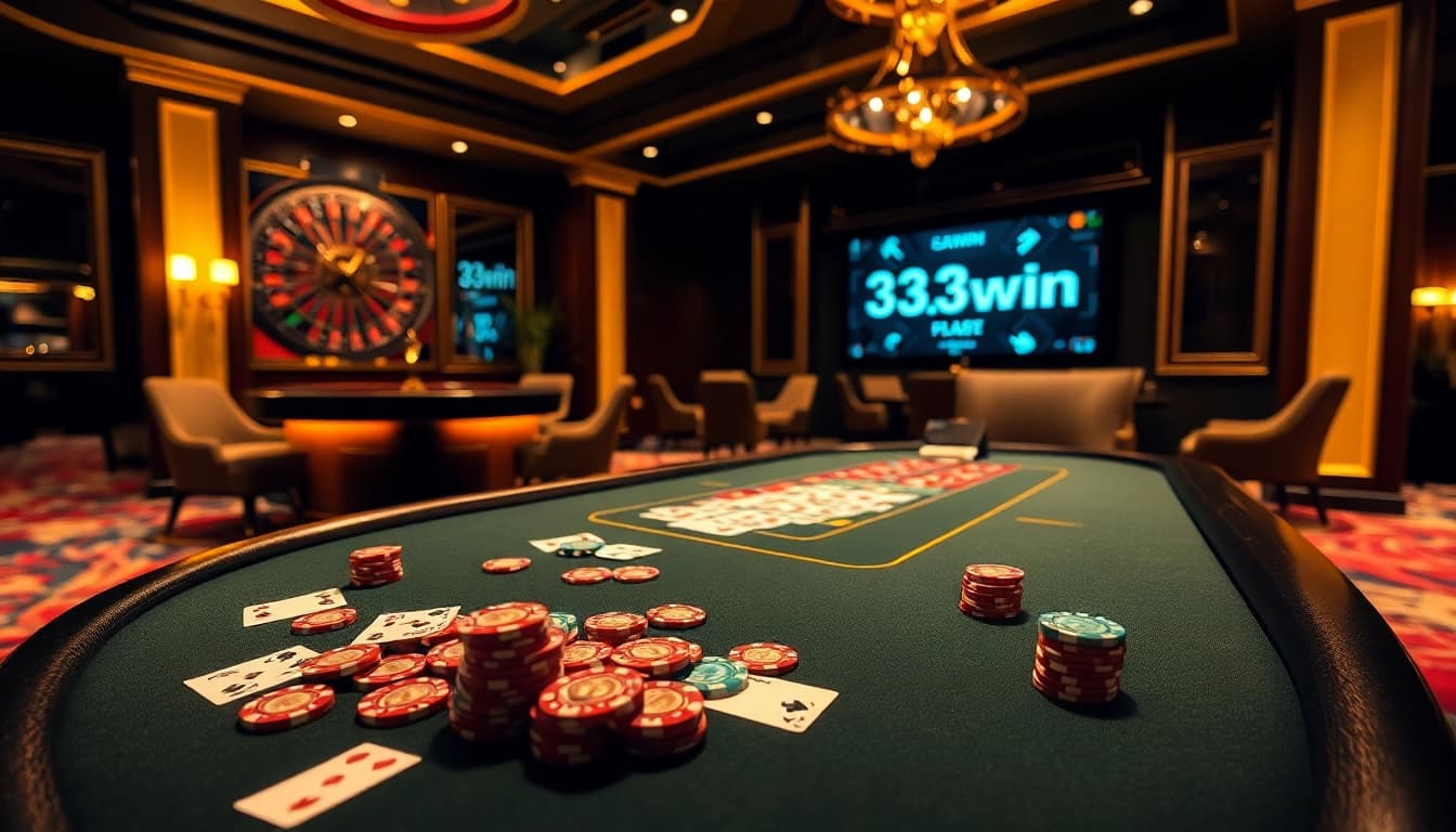 Experience the thrill of gaming at 33win with vibrant poker chips and an elegant roulette wheel.