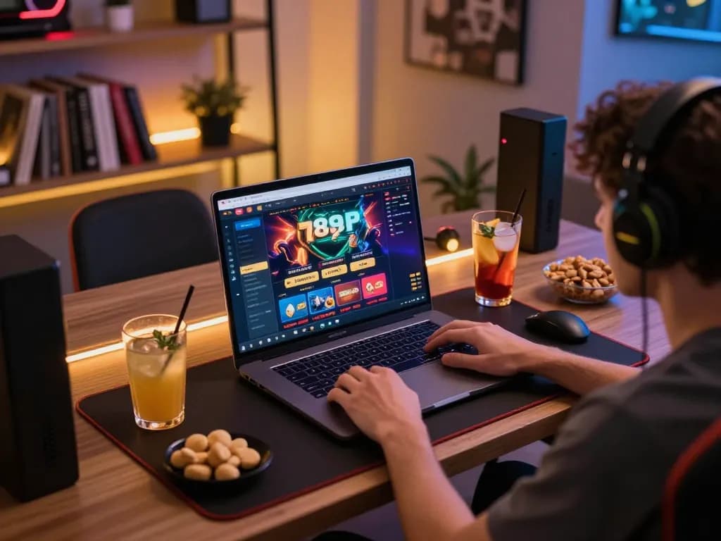 Engaging setup for online gambling featuring 789P interface with vibrant graphics and snacks.