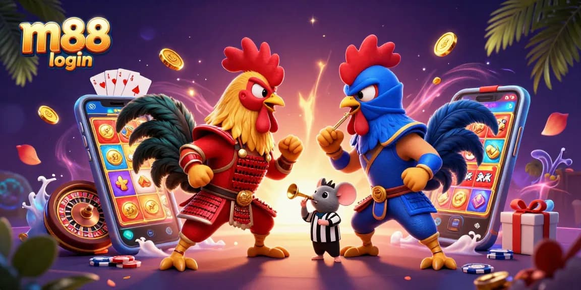 Experience the excitement of m88 login with dynamic 3D cartoon fighting roosters and casino elements.