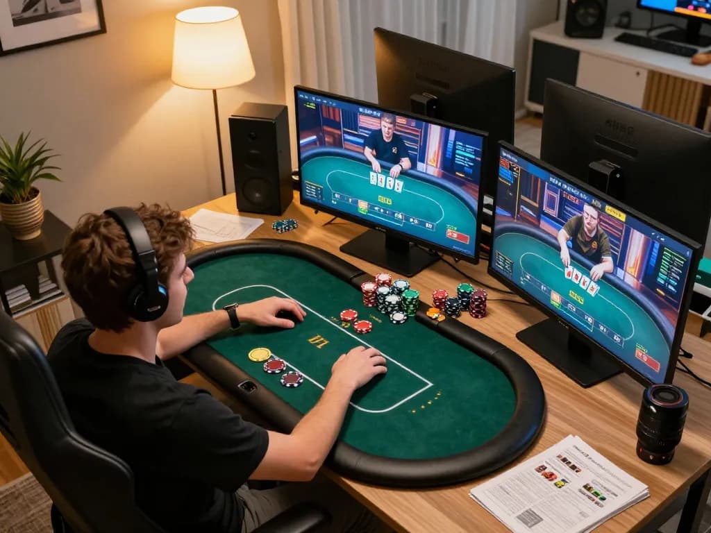 Engaged players strategizing poker tactics at https://ymm88.cyou/ online gaming setup during intense gameplay.
